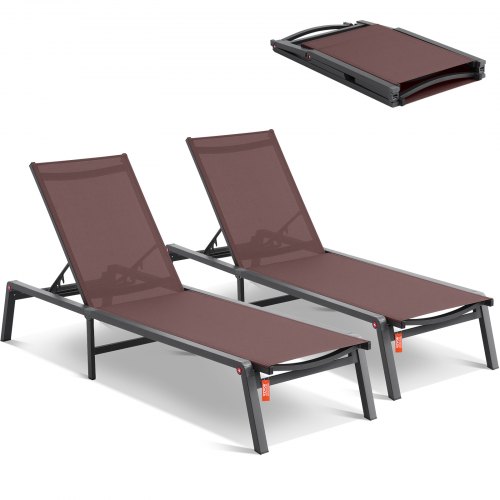 VEVOR Tumbona de Jardín para Exterior 2 Piezas Tumbona Plegable de Aluminio para Patio con 5 Posiciones Ajustables Tumbona Reclinable Totalmente Plana para Playa, Piscina, Exterior, Terraza, Marrón