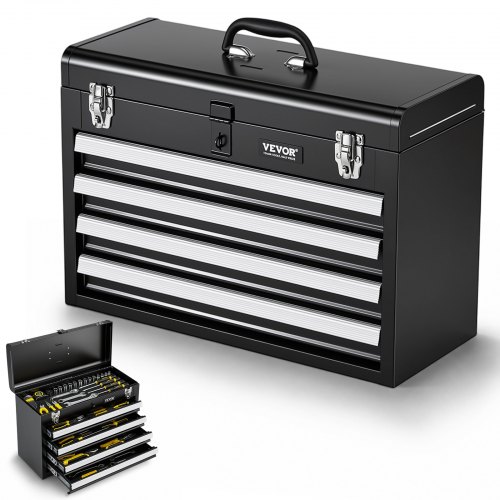 VEVOR Caja de Herramientas Portátil de Metal 520 x 218 x 361 mm, Cofre de Herramientas Pequeño con 4 Cajones y Revestimiento de EVA, Cajones Deslizantes con Cojinetes de Bolas con Cerradura, Negro