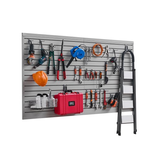 VEVOR Paneles de Pared de Listones de PVC 1225 x 2450 x 20 mm para Garaje con Accesorios, Panel de Listones Ajustable con Estructura de Acoplamiento y Corte para Almacenamiento y Exhibición, Gris