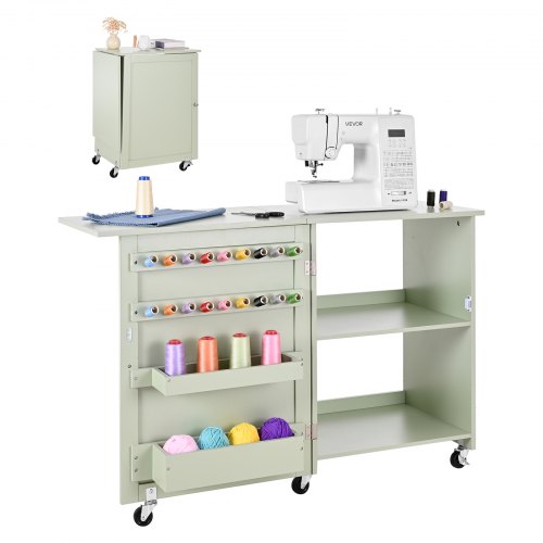 VEVOR Mesa de Costura Plegable, con Diseño Compacto, Compartimentos de Almacenamiento, Abrazaderas de Madera y Cierre Magnético, para Estudio de Moda, Estudio de Arte y Hogar, Color Verde Claro