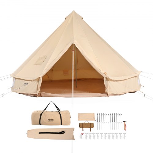 VEVOR Tienda de Campana de Lona de 4m, Carpa de Yurta para 4 Estaciones, Tienda de Campaña Familiar con Agujero para Estufa de Leña y Bolsas de Almacenamiento para Glamping de hasta 6 Personas, Fiesta