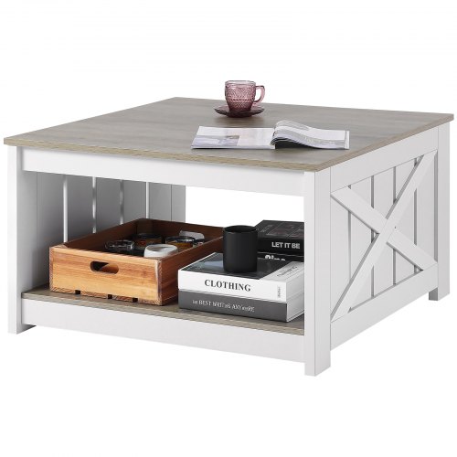 VEVOR Mesa de Centro Rústica de 800 x 800 x 455 mm, Mesa de Centro Cuadrada con Compartimento de Almacenamiento Abierto, Mesa de Madera para Sala de Estar, Dormitorio, Apartamento, Gris y Blanco