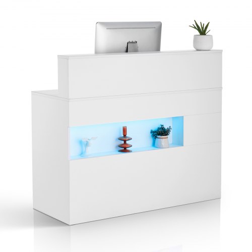 VEVOR Mostrador de Recepción 120 x 47,5 x 100 cm Mesa de Mostrador Rectangular Material de MDF con Luz LED 2 Cajones y Tomas de Corriente para Caja, Vestíbulo, Salón de Belleza, Oficina, Blanco
