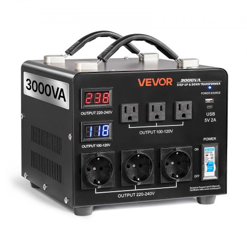 VEVOR Convertidor de Voltaje, 3000 VA, Transformador Elevador/Reductor Automático, de 110 V a 220 V y de 220 V a 110 V, con 3 Tomas de Corriente de  EE. UU. y 3 de UE, Pantalla LCD y Disyuntor