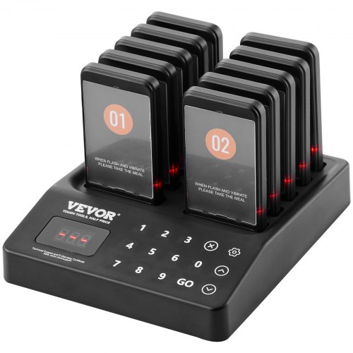 VEVOR Sistema de Buscapersonas para Restaurante Señal de Cola Inalámbrica Alcance de 400 m Pitido de Llamada de Cliente con Vibración e Intermitente 10 Zumbadores para Hospital, Cafeterías, Tiendas