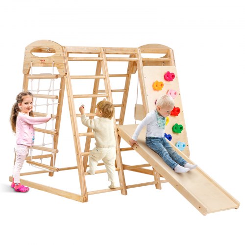 VEVOR 7 en 1 Parque Infantil Interior de Madera 120x109x121 cm Juguetes de Escalada de Madera con Escalera de Madera y Cuerda, Escalera de Red, Columpio, Barra de Mono, Tobogán, Pared de Escalada