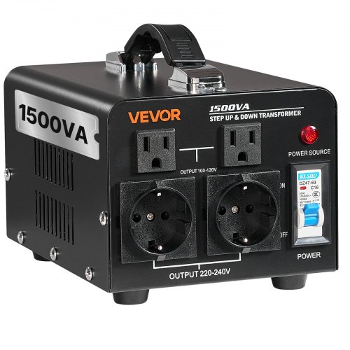 VEVOR Convertidor de Voltaje, 1500 VA, Transformador Elevador/Reductor, Convierte de 110 V a 220 V y de 220 V a 110 V, con Tomas de Corriente de EE. UU. y UE, Cable de Alimentación y Disyuntor