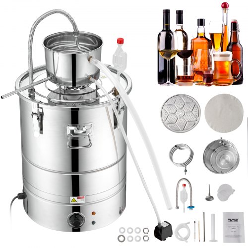 VEVOR Destilador de Alcohol de Agua 30 L Alambique de alcohol 1800 W Destilador de Acero Inoxidable con Bomba de Agua 6,8-8 W Juego Completo para Vinos de Frutas, Whisky, Brandy, Champán, Vodka