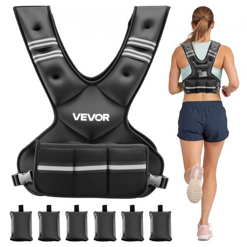 VEVOR Chaleco con Peso Ajustable 5-9,1 kg con 6 Pesas de Hierro y Banda Reflectante, Conjunto de Ejercicios con Chaleco con Peso Corporal Unisex, Equipo para Entrenamiento de Fuerza, Correr y Trotar
