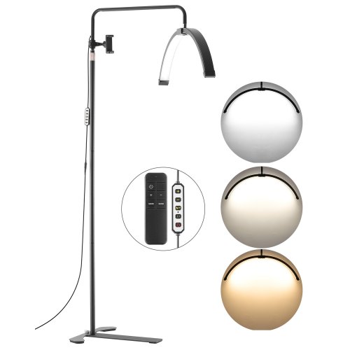 VEVOR Lámpara de Media Luna para Esteticista, Lámpara de Pie LED Regulable de Altura Ajustable 1440-1810 mm con Soporte para Teléfono, Control Remoto, para Extensiones de Pestañas, Belleza, Cejas