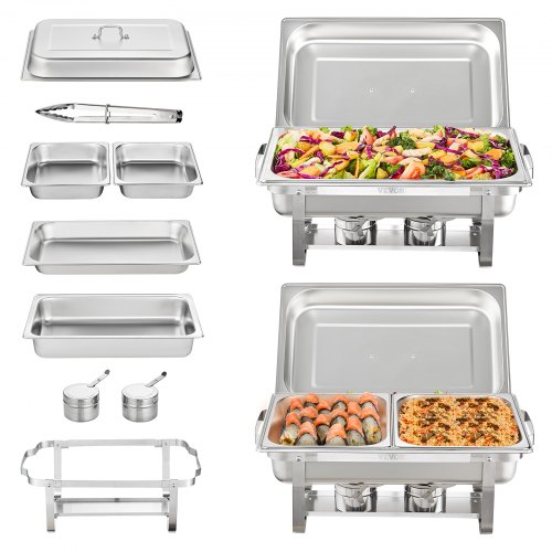 VEVOR Juego de Platos de Cocina de Acero Inoxidable con 2 Sartenes Completas 7,5 L y 4 Sartenes de Tamaño Medio 3,5 L Servidor Rectangular con Tapa para Bandeja de Agua, Soporte Plegable