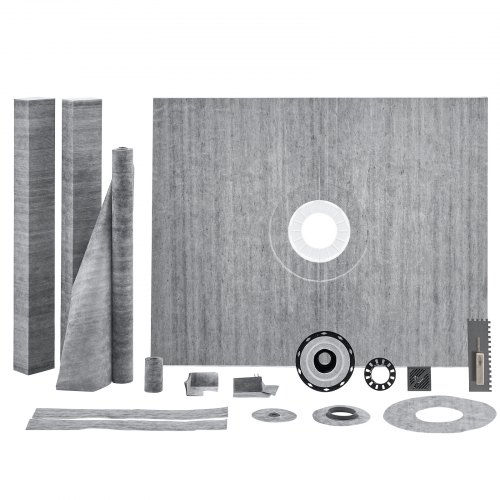 VEVOR Kit de Bordillo de Ducha de 1524 x 1219 x 28 mm con Brida Central de PVC de 50,8 mm, Membrana Impermeable, Rejilla de Acero Inoxidable y Sellador de Juntas, Varillas Inclinadas Aptas para Baño