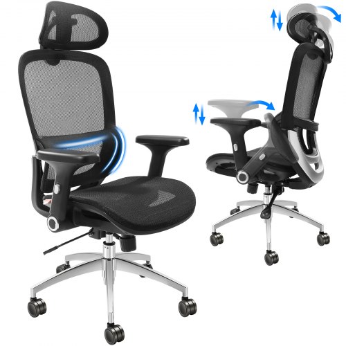 VEVOR Silla de Oficina Ergonómica con Soporte Lumbar Silla de Oficina Reclinable Reposacabezas Reposabrazos Ajustables Cómodo Asiento de Malla Transpirable con Ruedas Giratorias para Oficina en Casa