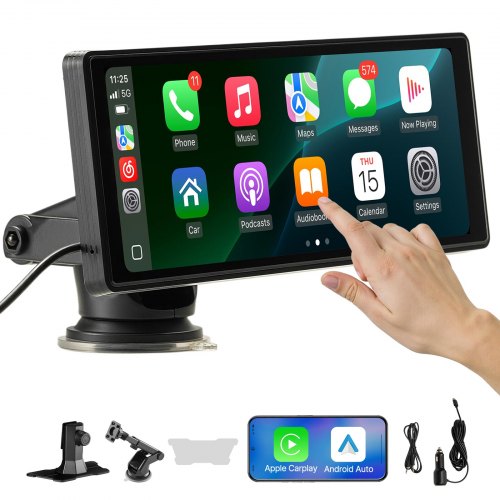 VEVOR Estéreo Inalámbrico HD para Coche, con Pantalla Táctil Compatible con Apple CarPlay y Android Auto, con Control de Voz, Enlace Espejo, Bluetooth, Navegación GPS, 245 x 97 x 30 mm, Negro