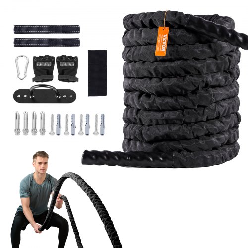 Cuerda de batalla VEVOR, cuerda de ejercicio de poliéster de 1,5 pulgadas de diámetro y 30 pies de largo, equipo de ejercicio de batalla con funda protectora y anclaje, cuerda pesada con peso para entrenamiento de fuerza central en el gimnasio en casa