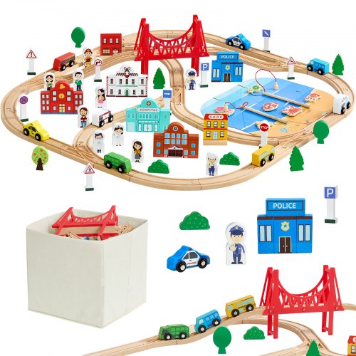 VEVOR Juego de Tren de Madera con Pistas, 113 Piezas con Accesorios, Edificios Urbanos Juego de Pesca, Set Educativo, Diseños Múltiples, Juguete Compatible con Marcas Principales para Niños 3 a 8 Años