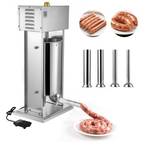 VEVOR Embutidora Eléctrica de Salchichas de 15 L, de Acero Inoxidable, con Control de Velocidad Continuo y Pedal, con 4 Tubos de Relleno, para Cocina y Restaurantes, 395 x 295 x 850 mm, Plata