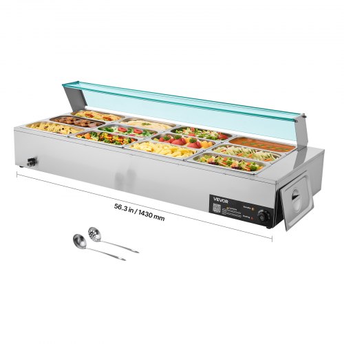 VEVOR Calentador de Alimentos 1700 W, Eléctrico, Acero Inoxidable, con Vapor y Tapa de Cristal, 12 Sartenes, para Buffet de Encimera, Baño María con Cucharones para Sopa y Perforados, 30–85 ℃