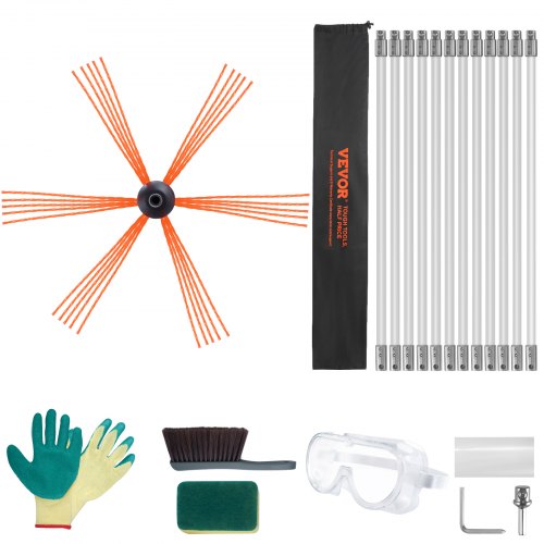 VEVOR Kit de Deshollinador de Chimeneas 12 m Cepillo de Limpieza de 360° con 12 Varillas Flexibles Nailon Accesorios para Conductos de Chimeneas Uso Doméstico Adecuado para la Mayoría de los Conductos