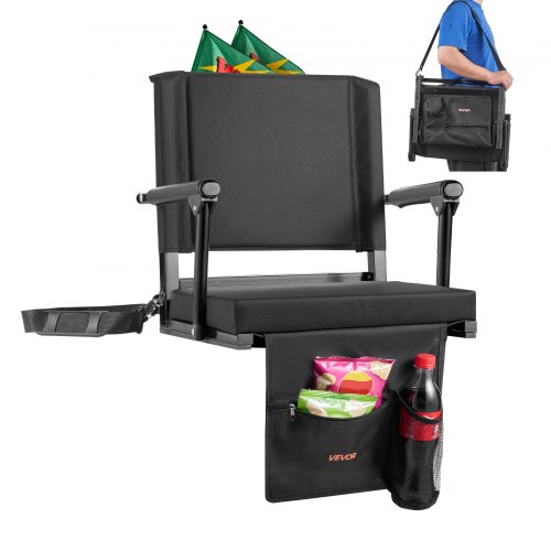 VEVOR Silla de Estadio Portátil, con Respaldo de 95° y Reposabrazos, Multiusos, para el Hombro, Portavasos y Gancho, Fabricada en Tela Oxford 600D Impermeable, Color Negro, 365 x 495 x 425 mm