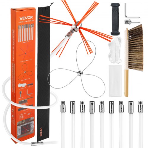 VEVOR Kit de Cepillo Limpieza de Chimenea, 2 Cabezales, 10 m Varilla Flexible de Nylon, Gafas, Bolsa, Deshollinador Durable Resistente Flexible a 90° para Chimeneas Cuadradas Rectangulares y Arqueadas