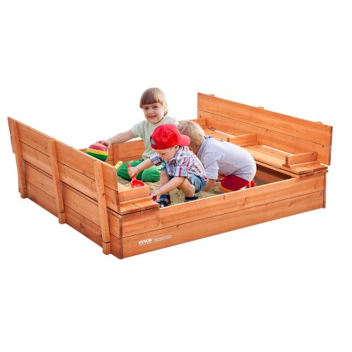 VEVOR - Caja de arena de madera de 132 x 120 x 43 cm, arenero con bancos plegables y revestimiento inferior, caja de arena de madera natural para niños para exteriores, patio, playa, parque, regalo para niños y niñas de 3 a 12 años