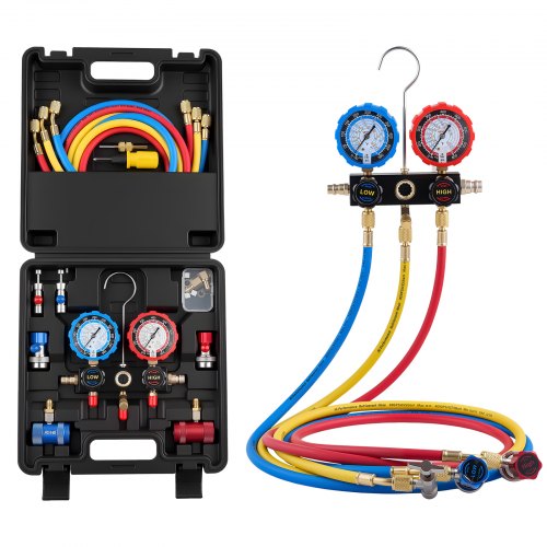 VEVOR Juego de Manómetros de 3 Vías para Carga de Refrigeración R134a R404A R1234yf R22, con Manguera de 1,5 m, Adaptadores, Acopladores Rápidos, Grifos para Mantenimiento de Aire Acondicionado