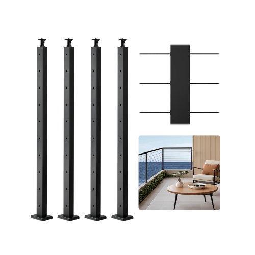 VEVOR Poste de Barandilla de Cable, 4 PCS Postes de Barandilla 91,4 x 5 x 5 cm Poste de Riel de Cable de Acero Inoxidable SUS304 con Soporte Horizontal y Curvo, Negro, 4JZLGZXHS914MY65M001V0