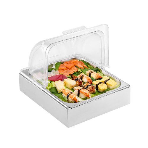 VEVOR Contenedor de Exhibición para Servir Alimentos sobre Encimera, de Acero Inoxidable, 1 x 1/2 Sartén, con Tapa Transparente y Bandeja de Hielo, para Restaurante, Fiesta, 345 x 276 x 245 mm