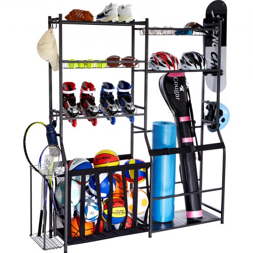 VEVOR Organizador de Equipos de Golf Estante de Almacenamiento de Acero para 2 Bolsas de Golf y Otros Equipos Deportivos Soporte para Pelotas Juguetes Artículos Deportivos con Canasta Ganchos, Negro