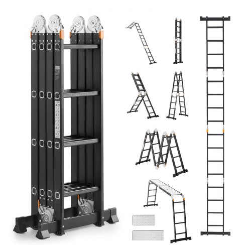 VEVOR Escalera Plegable Multiusos Extensible Alta 7 en 1, Estructura en A de 4 Escalones con Tablones de Andamio, Resistente, Capacidad de 149,7 kg para el Hogar y el Exterior, 1525 x 608 x 2260 mm