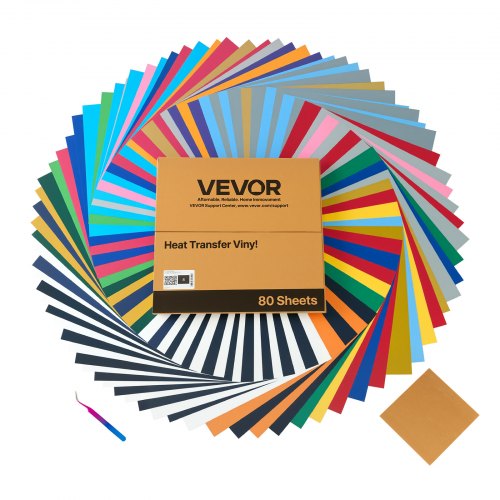 VEVOR Láminas de Vinilo Termoadhesivas, 80 Unidades 304,8 x 304,8 mm, Fácil de Cortar y Despegar con Accesorios, Compatible con Máquinas de Corte, para Diversos Materiales y Camisetas, Multicolor