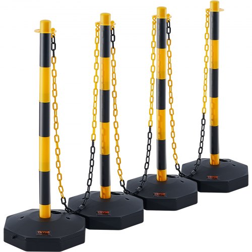 VEVOR Poste de Tráfico 4 Piezas Poste Límite con Base Rellenable Cono de Tráfico de Altura Ajustable Cadena Larga 2,4 m para Control de Tráfico Sitio de Construcción Estacionamiento, Amarillo y Negro