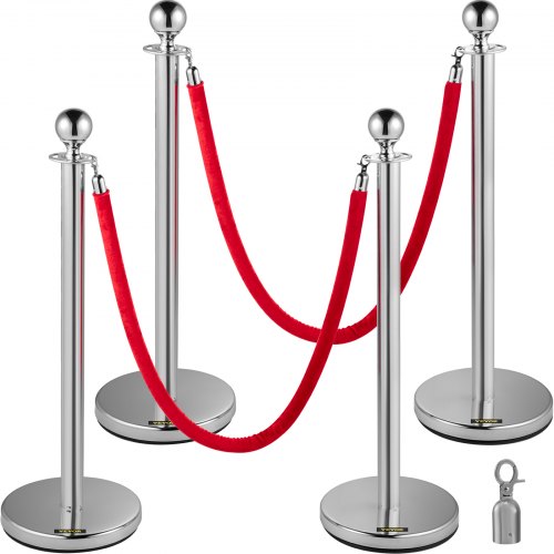 VEVOR Poste Separador 4 Juegos de Cinta Extensible, Barreras de Seguridad de 2 Cuerdas Longitud de Cuerda 1.5m Plata