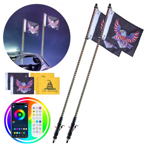 VEVOR 2 PCS 3 FT Whip Light, APP y RF Control remoto LED Whip Light, Impermeable RGB Chasing Lighted Whispers con 4 banderas, para UTV, ATV, motocicletas, RZR, Can-am, camiones, todoterreno, Go-karts