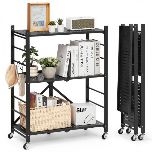 VEVOR Estante de Almacenamiento Plegable de 3 Niveles con Ruedas 71 x 33 x 91 cm Estantería Metálica Móvil Resistente, sin Necesidad de Ensamblaje, Organizador para Garaje, Cocina, Sótano, Negro