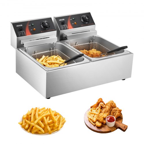 VEVOR Freidora de Patatas Eléctrica 5000 W Doble Tanque de Acero Inoxidable Grado Alimenticio con Control de Temperatura Ajustable Freidora de Doble Chip Fácil de Limpiar con Cesta Doble y Tapa