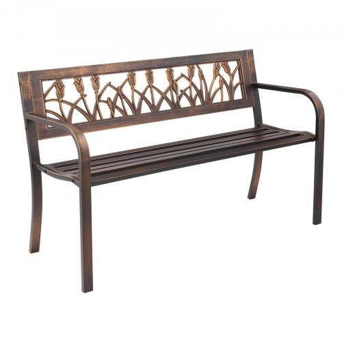 VEVOR Banco de Jardín de Metal 127 cm con Estructura de Acero al Carbono, Respaldo de PVC con Estampado Floral, Reposabrazos, Banco para Exterior, Ideal para Patio, Parque, Color Bronce Antiguo