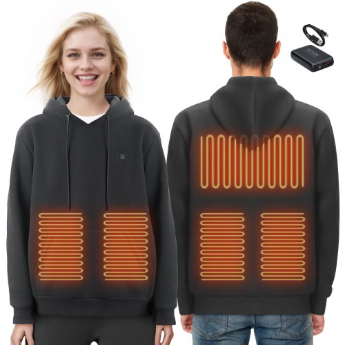 VEVOR Sudadera con Capucha y Calefacción Unisex, Chaqueta Eléctrica con 5 Zonas de Calefacción para Hombres y Mujeres, Jersey Ligero y Cálido para Exteriores para Pesca y Acampada, Talla L, Negro