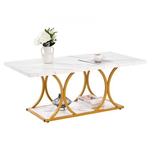VEVOR Mesa Auxiliar con Aspecto de Mármol, Mesa Rectangular de 2 Niveles con Estructura Metálica, Patas Geométricas y Capacidad de Carga de 95 kg, Blanca, para Sofá u Oficina, 120 x 59,5 x 48 cm