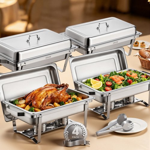 VEVOR Juego de 4 Platos para Calentar Alimentos de Acero Inoxidable con 4 Sartenes Tamaño Completo(7,5 L), Rectangular, para Catering con Tapa, Soporte para Bandeja de Agua y Combustible, Plata