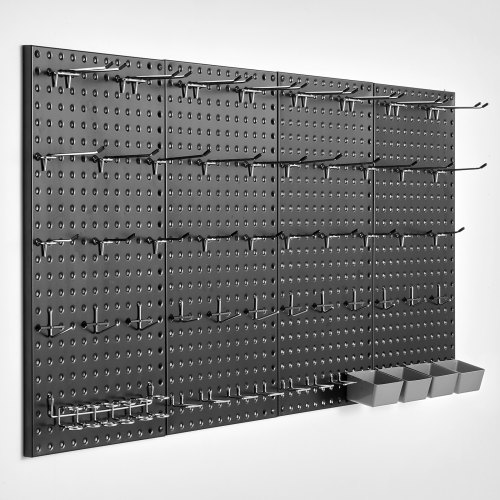VEVOR Paneles Perforados de Metal de 609,6 x 304,8 x 19 mm 4 Paneles, Organizador de Pared Resistente con Accesorios, para Sala de Estar, Almacenamiento de Herramientas, Sala de Manualidades, Negro
