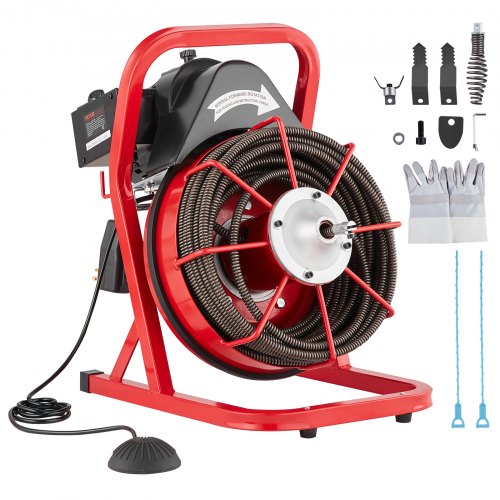 VEVOR Desatascador Eléctrico de Tuberías 23 m x 13 mm con Alimentación Manual por Cable de Acero, con 4 Cabezales para Fregadero WC, Alcantarillado y Pedal Neumático para Tuberías de 50 mm a 150 mm