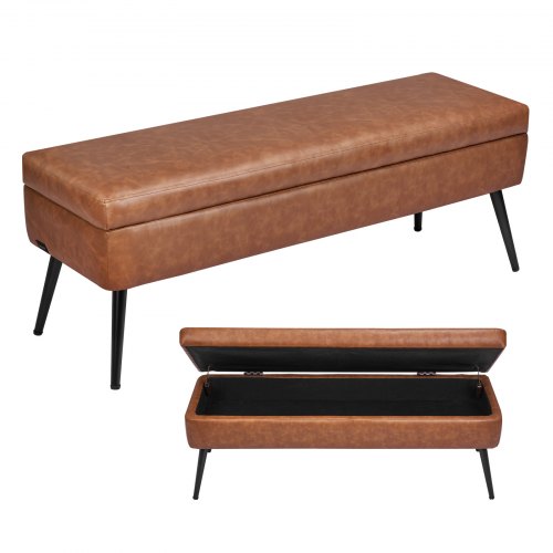 VEVOR Banco de Cuero con Almacenaje, Banco Tapizado de Cuero Sintético de 355 x 1015 x 450 mm con Almacenaje y Patas de Metal, Cojín de Espuma, Sala de Estar, Comedor y Pasillo, Marrón