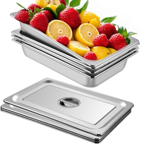 VEVOR Bandeja Rectangular de Acero Inoxidable, 50 x 30 x 10 cm 4 Piezas Bandeja Honda, Rectangular para Servir, Bandeja Profunda Bandeja de Acero Inoxidable, Bandeja para Arroz al Vapor con Tapas