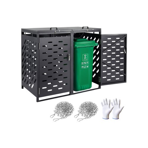 VEVOR Botes de Basura para Exteriores de 2 x 240 L, Armario de Almacenamiento Horizontal Impermeable con Tapa de Cadena, Bote de Basura con Cerradura para Jardín, Patio y Terraza, Gris Oscuro