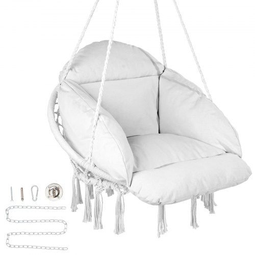 VEVOR Silla Colgante Giratoria de Macramé Carga de 120 kg con Cojín, Materiales de Montaje, Cuerda de Algodón, Silla Columpio con Flecos para Dormitorio, Terraza, Jardín, Interior, Exterior, Blanco