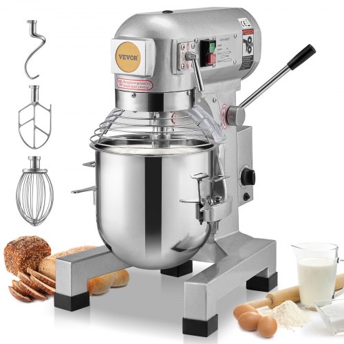 VEVOR Batidora de Cocina Comercial 18,7 L Batidora de Pie Comercial 3 Velocidades Ajustables Amasadora de 1100 W con Tazón de Acero Inoxidable y 3 Accesorios para Mezclar para Restaurante, Panadería