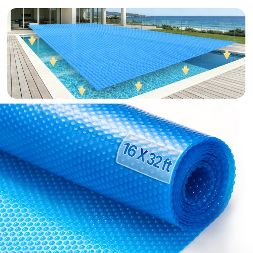 VEVOR Cubierta solar para piscina, manta solar rectangular de 32 x 16 pies para piscinas, cubierta solar para piscina enterrada sobre el suelo, cubiertas solares de 16 mil, color azul