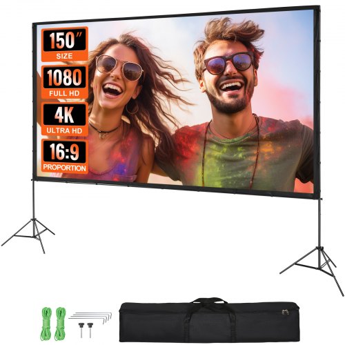 VEVOR Pantalla de Proyector de Pie 381 cm 16:9 HD Pantalla de Proyección Portátil de Doble Cara Antiarrugas Amplio Ángulo de Visión con Bolsa de Almacenamiento para Proyector de Vídeo Cine en Casa